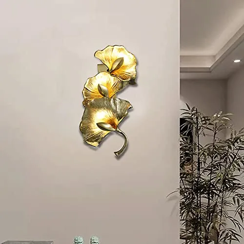 Applique murale en laiton, applique murale d'éclairage décoratif feuille de Ginkgo créative avec prise ovale G4 * 3, applique murale de fond de salon simple, appliques murales de chambre à coucher de