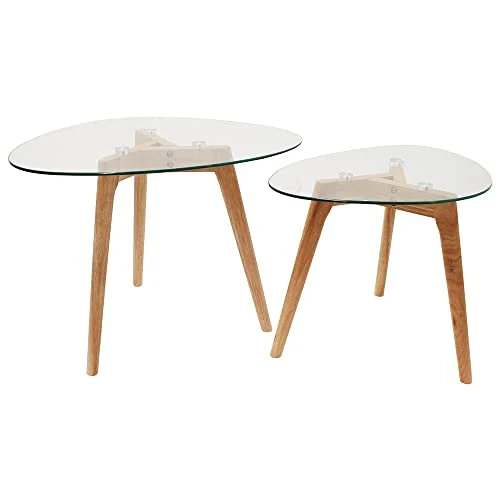 HOME DECO FACTORY HD3212 Tables Gigognes Verre Trempe Transparent Resistant Galet Bois Deco Moderne Salon, 60 x 45 x 43 cm