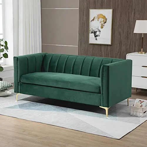 HOMCOM Canapé 3 Places Style Art Déco piètement Acier doré revêtement Velours Vert Sapin