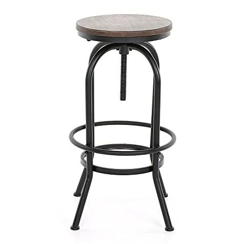 Kosmi - Tabouret de Bar en métal Noir Mat et Assise en Bois foncé, Tabouret à vis pour Hauteur Ajustable, Hauteur réglable de 65 à 85cm