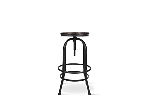 Kosmi - Tabouret de Bar en métal Noir Mat et Assise en Bois foncé, Tabouret à vis pour Hauteur Ajustable, Hauteur réglable de 65 à 85cm