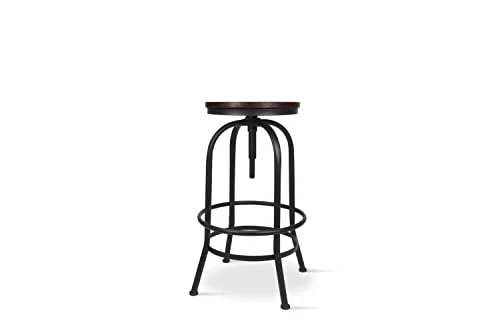 Kosmi - Tabouret de Bar en métal Noir Mat et Assise en Bois foncé, Tabouret à vis pour Hauteur Ajustable, Hauteur réglable de 65 à 85cm