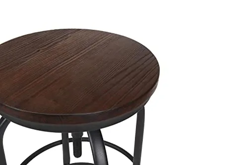 Kosmi - Tabouret de Bar en métal Noir Mat et Assise en Bois foncé, Tabouret à vis pour Hauteur Ajustable, Hauteur réglable de 65 à 85cm