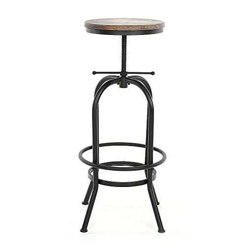 Kosmi - Tabouret de Bar en métal Noir Mat et Assise en Bois foncé, Tabouret à vis pour Hauteur Ajustable, Hauteur réglable de 65 à 85cm