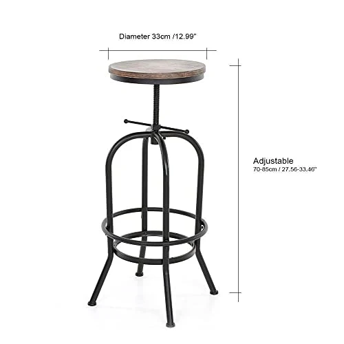 Kosmi - Tabouret de Bar en métal Noir Mat et Assise en Bois foncé, Tabouret à vis pour Hauteur Ajustable, Hauteur réglable de 65 à 85cm