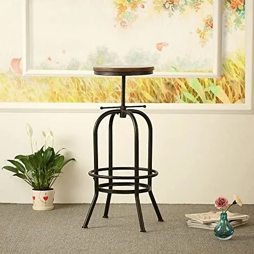 Kosmi - Tabouret de Bar en métal Noir Mat et Assise en Bois foncé, Tabouret à vis pour Hauteur Ajustable, Hauteur réglable de 65 à 85cm