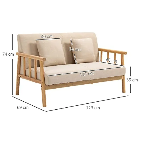 HOMCOM Canapé à 2 Places Fauteuil Salon Moderne et Scandinave Style Naturel en Bois et Tissu - dim. 123L x 69l x 74H cm - Beige