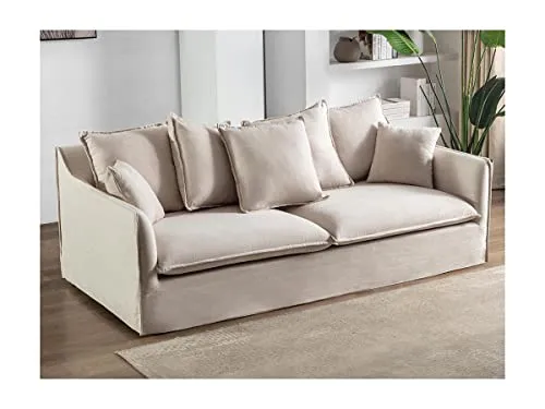 Vente-unique Canapé 3 Places en Tissu et Lin Beige SANKA