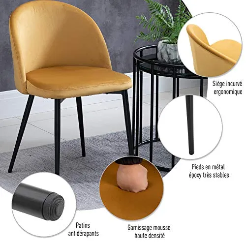 HOMCOM Chaises de Salle à Manger Design scandinave - Lot de 2 chaises - Pieds effilés métal Noir - Assise Dossier Ergonomique Velours Moutarde