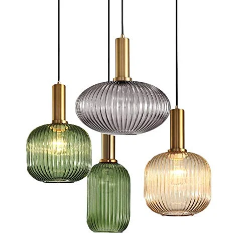 HJXDtech - Suspension Luminaire Industrielle Vintage en Verre Nervuré,Plafonnier avec fini en laiton poli Lustre,Suspension Lampe de Salle à Manger Cuisine Salon Chambre (Gris, 30CM)
