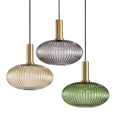 HJXDtech - Suspension Luminaire Industrielle Vintage en Verre Nervuré,Plafonnier avec fini en laiton poli Lustre,Suspension Lampe de Salle à Manger Cuisine Salon Chambre (Gris, 30CM)
