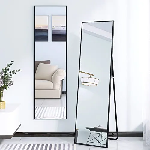 AUFHELLEN Miroir sur Pied 140x50cm avec Cadre en Métal Noir Miroir sur Pied HD Grand Miroir Mural avec Crochets pour Salon, Chambre et Dressing Miroir