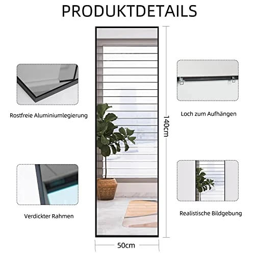 AUFHELLEN Miroir sur Pied 140x50cm avec Cadre en Métal Noir Miroir sur Pied HD Grand Miroir Mural avec Crochets pour Salon, Chambre et Dressing Miroir