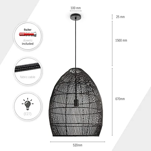 Paco Home Suspension Salon Boho Lampes En Osier Rotin Salle À Manger Lampe Papier E27, Type de lampe:Lampe à suspension - Type 2, Couleur:Noir (Ø52 cm)