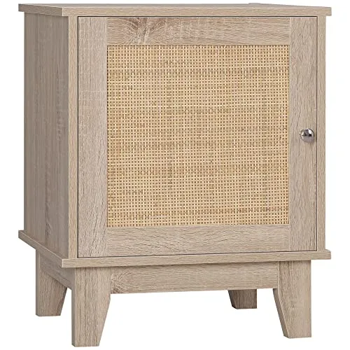 HOMCOM Table de Chevet Table de Nuit en cannage Style bohème avec 1 Placard 48 x 40 x 58 cm - Bois Naturel