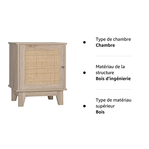 HOMCOM Table de Chevet Table de Nuit en cannage Style bohème avec 1 Placard 48 x 40 x 58 cm - Bois Naturel