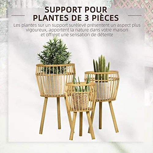 Outsunny Lot de 3 supports cache-pots à plantes lot de 3 étagères à fleurs support pots de fleurs sur pied trépied en bois et résine tressée rotin - bois naturel