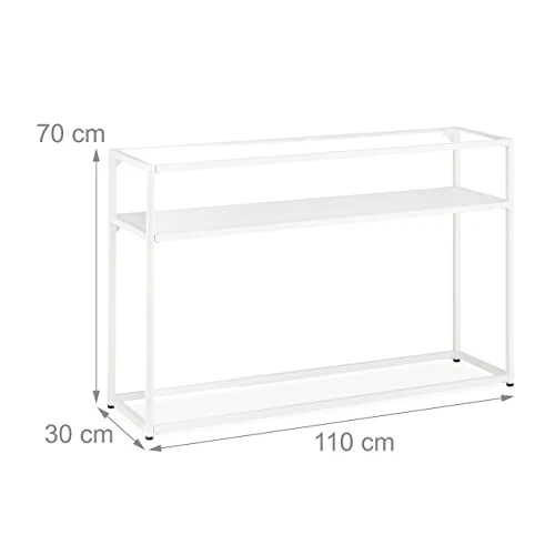 Relaxdays Console 2 Plateaux, Couloir et Salon, 70x110x30 cm, métal, Verre, Aspect Bois, Support à étagères, Blanc