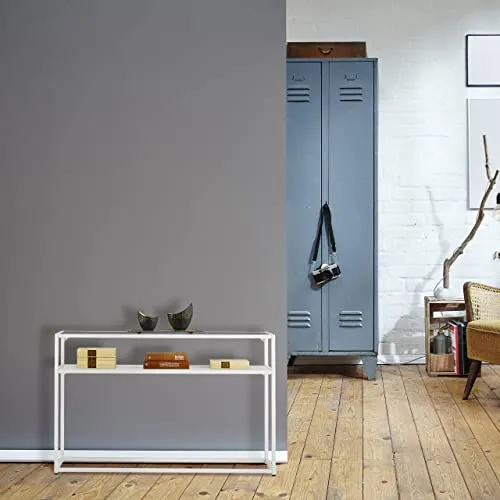 Relaxdays Console 2 Plateaux, Couloir et Salon, 70x110x30 cm, métal, Verre, Aspect Bois, Support à étagères, Blanc