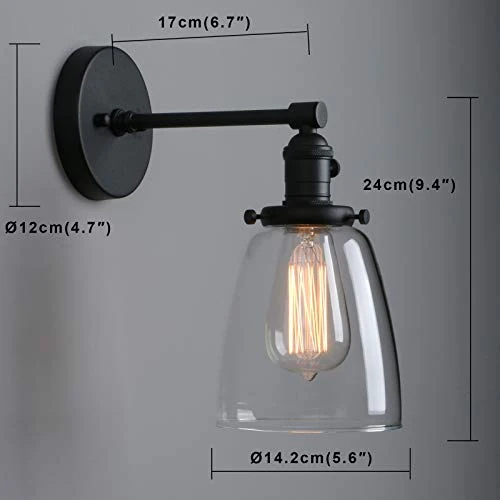 Phansthy Vintage Style Appliques Murales Abat-Jour En Verre Clair, Edison Applique Murale Industrielle E27 Luminaires Intérieur Loft Bar Cuisine Lampe Éclairage (Noir)