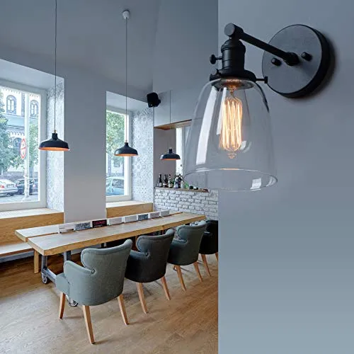 Phansthy Vintage Style Appliques Murales Abat-Jour En Verre Clair, Edison Applique Murale Industrielle E27 Luminaires Intérieur Loft Bar Cuisine Lampe Éclairage (Noir)