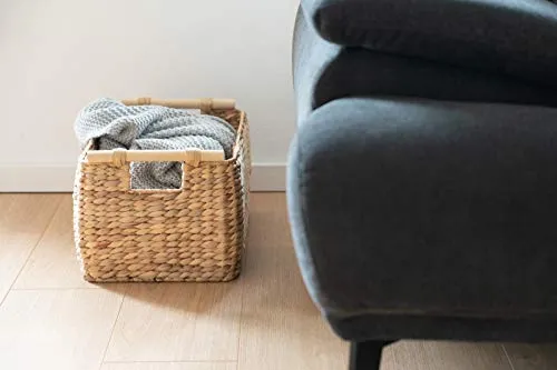 Decorasian Panier de rangement tressé en jacinthe d'eau – jonc de mer long et étroit avec poignée en bois
