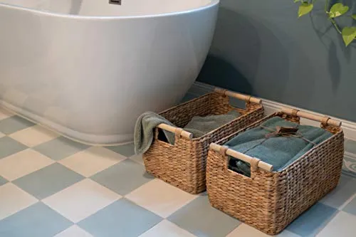 Decorasian Panier de rangement tressé en jacinthe d'eau – jonc de mer long et étroit avec poignée en bois