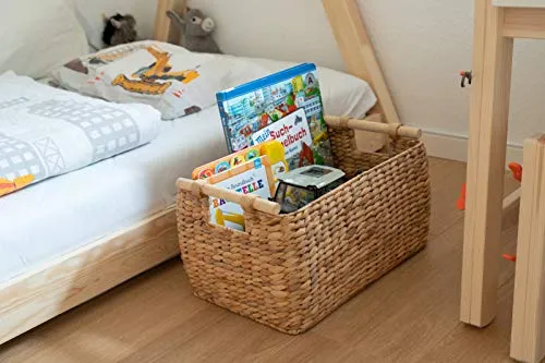 Decorasian Panier de rangement tressé en jacinthe d'eau – jonc de mer long et étroit avec poignée en bois