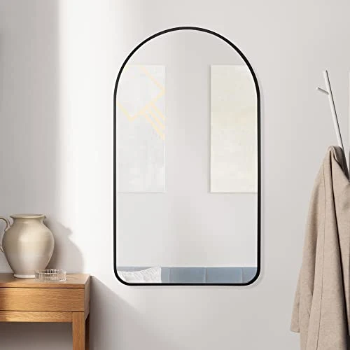 Navaris Miroir Mural Design - Miroir arqué 80 x 45 x 3 cm avec Cadre Noir kit de Montage vis niveleur - Miroir Mural entrée Chambre Salon