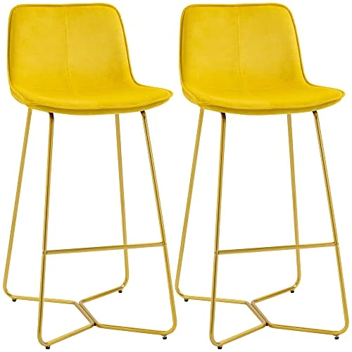 HOMCOM Lot de 2 Tabouret de Bar Chaise de Bar Velours avec Repose-Pieds Hauteur 103 cm - Pieds métal doré - Jaune