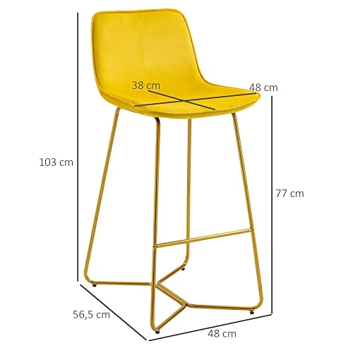 HOMCOM Lot de 2 Tabouret de Bar Chaise de Bar Velours avec Repose-Pieds Hauteur 103 cm - Pieds métal doré - Jaune