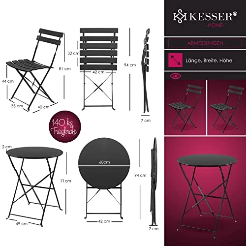 KESSER® Bistroset Set de 3 pièces table de bistrot avec 2 chaises pliantes - Ensemble de meubles de balcon - Ensemble de jardin - Ensemble de meubles de jardin - En métal - Noir