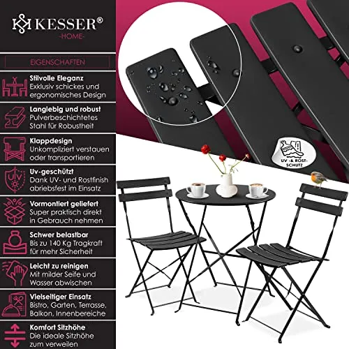 KESSER® Bistroset Set de 3 pièces table de bistrot avec 2 chaises pliantes - Ensemble de meubles de balcon - Ensemble de jardin - Ensemble de meubles de jardin - En métal - Noir