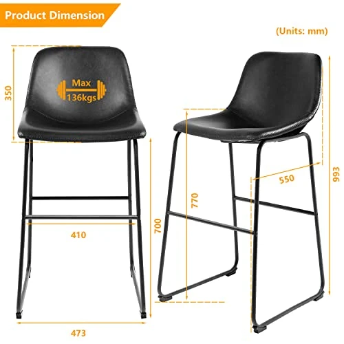 RFIVER Lot de 2 Tabouret de Bar, Chaise de Salle à Manger de Style Vintage Confortable avec Siège en Cuir PU et Base en Métal Robuste pour Cuisine Salon, Noir