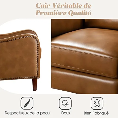 FABRICATION HAUS Fauteuil Relax en Cuir Véritable Fauteuil Inclinable Rembourré Chaise Simple Moderne avec Dossier & Repose-Pieds Réglables pour Salon, Camel