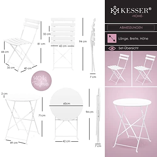 KESSER® Bistroset Set de 3 pièces table de bistrot avec 2 chaises pliantes - Ensemble de meubles de balcon - Meuble de jardin - Ensemble de meubles de jardin - En métal - Blanc