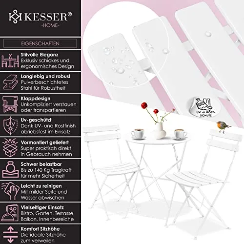 KESSER® Bistroset Set de 3 pièces table de bistrot avec 2 chaises pliantes - Ensemble de meubles de balcon - Meuble de jardin - Ensemble de meubles de jardin - En métal - Blanc