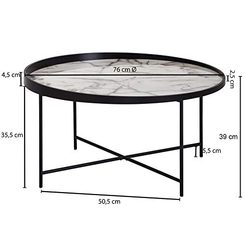 FineBuy Table Basse Rond 76 x 39 x 76 cm Apparence De Marbre Blanc | Table d'appoint Conception Moderne | Table De Sofa Jambes Métalliques Noir | Table De Salon Brillant Acier Laqué Bois Tulip