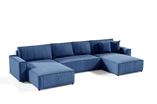 Tendencio Canapé d'angle panoramique Convertible Vella en Velours côtelé (Blue)