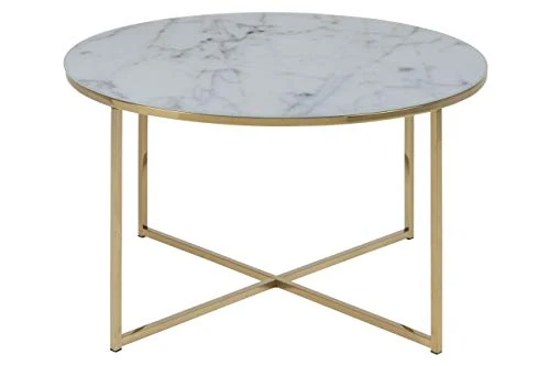 AC Design Furniture Antje Table Basse Ronde, Ø: 80 x 45 cm, Aspect Marbre Blanc /Or, Verre/Metal, 1 pc