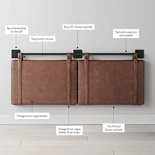 Nathan James Harlow Tête de lit rembourrée en Tissu avec Sangles en Cuir PU Vintage et Rails en métal Noir Mat, Métal Cuir, Marron/Noir, Queen Size