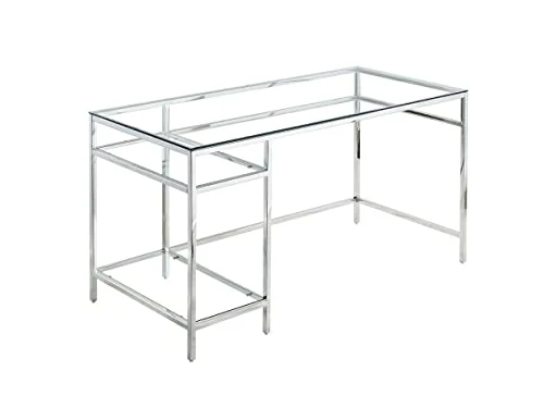 Vente-unique - Bureau avec 2 étagères - Verre trempé et Acier - Argent - TIZIO