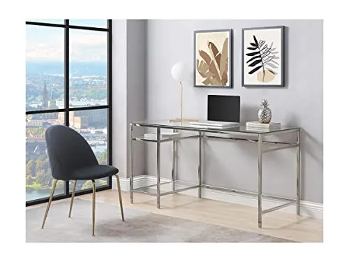 Vente-unique - Bureau avec 2 étagères - Verre trempé et Acier - Argent - TIZIO