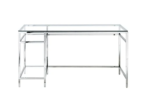 Vente-unique - Bureau avec 2 étagères - Verre trempé et Acier - Argent - TIZIO