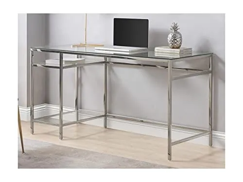 Vente-unique - Bureau avec 2 étagères - Verre trempé et Acier - Argent - TIZIO