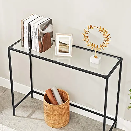 VASAGLE Table Console, Table d’entrée, Bout de canapé, Dessus de Table en Verre trempé, Cadre métallique, Robuste, Pieds réglables, pour Salon, entrée, Couloir, Noir LGT026B01