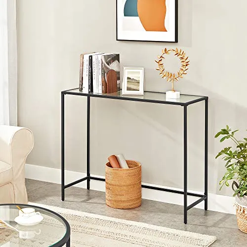 VASAGLE Table Console, Table d’entrée, Bout de canapé, Dessus de Table en Verre trempé, Cadre métallique, Robuste, Pieds réglables, pour Salon, entrée, Couloir, Noir LGT026B01