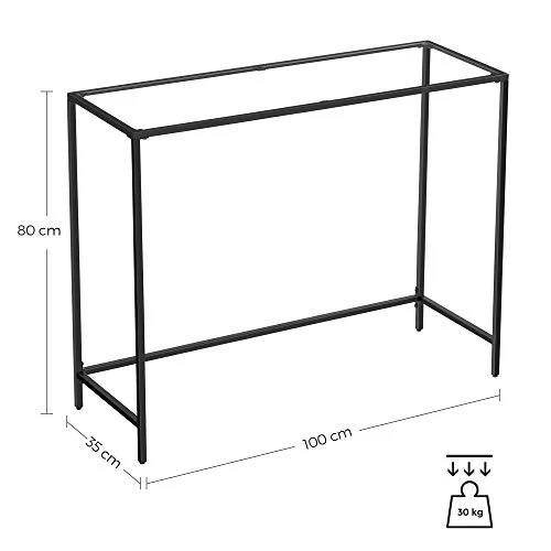 VASAGLE Table Console, Table d’entrée, Bout de canapé, Dessus de Table en Verre trempé, Cadre métallique, Robuste, Pieds réglables, pour Salon, entrée, Couloir, Noir LGT026B01