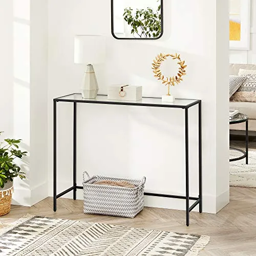 VASAGLE Table Console, Table d’entrée, Bout de canapé, Dessus de Table en Verre trempé, Cadre métallique, Robuste, Pieds réglables, pour Salon, entrée, Couloir, Noir LGT026B01