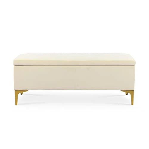 INTENSEDECO Banquette Coffre Chloé Velours Beige Pieds Or